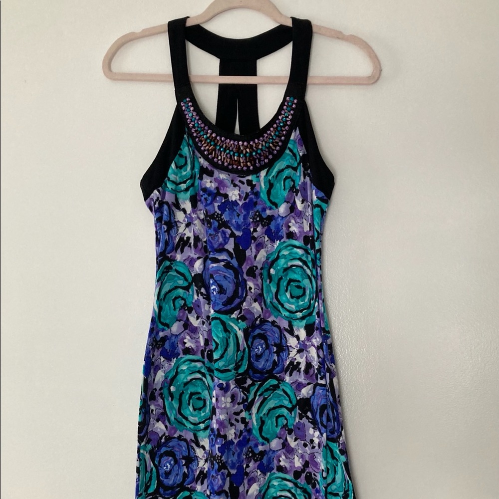 Floral cotton dress with beaded neckline